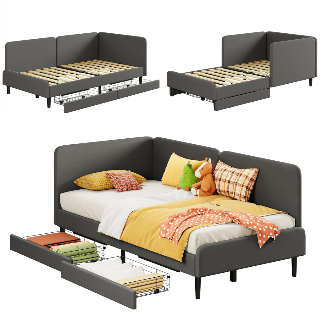 LIKIMIO Twin Daybed with Headboard, Corner Bed Frame with Bed Rails and Storage Drawers, Solid Support, for Bedroom Guest Room, Cream