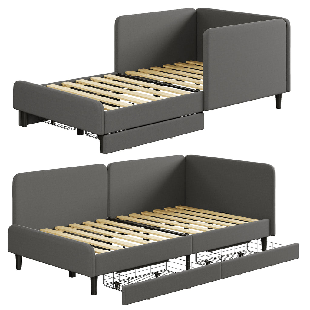 LIKIMIO Twin Daybed with Headboard, Corner Bed Frame with Bed Rails and Storage Drawers, Solid Support, for Bedroom Guest Room, Cream