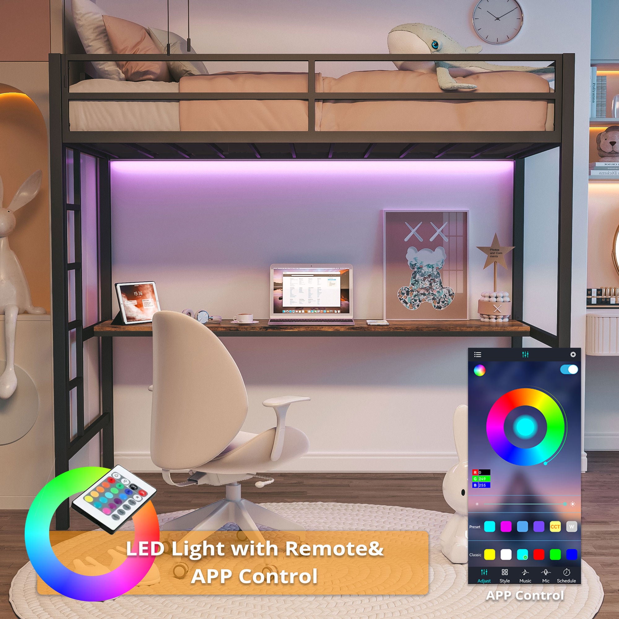 LIKIMIO LED Metal Loft Bed Frame