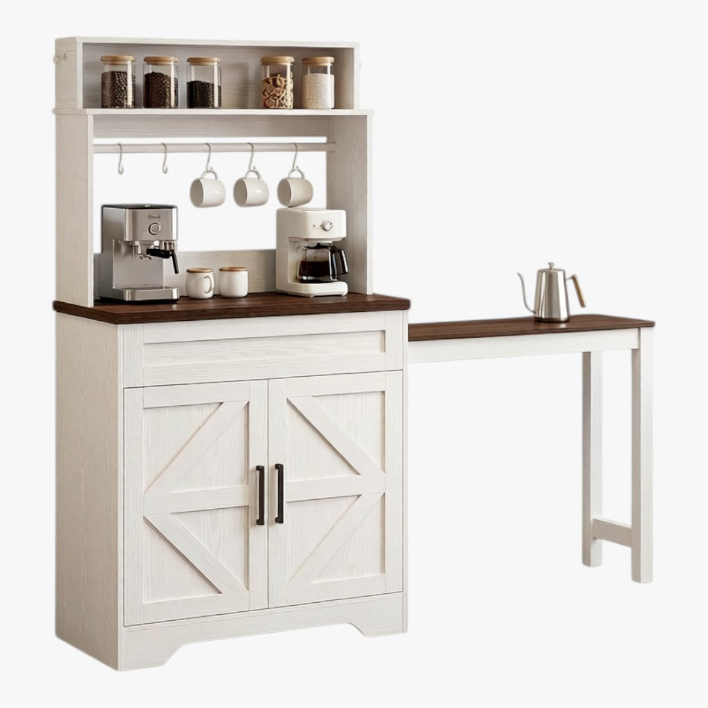 LIKIMIO 57" Coffee Bar Cabinet with Extendable Table & Magnetic Board, White