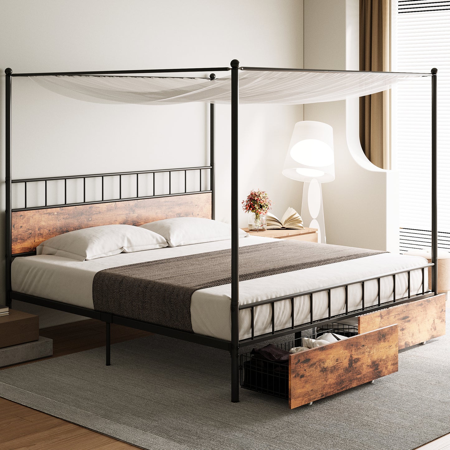 LIKIMIO Canopy Bed Frame with Drawers