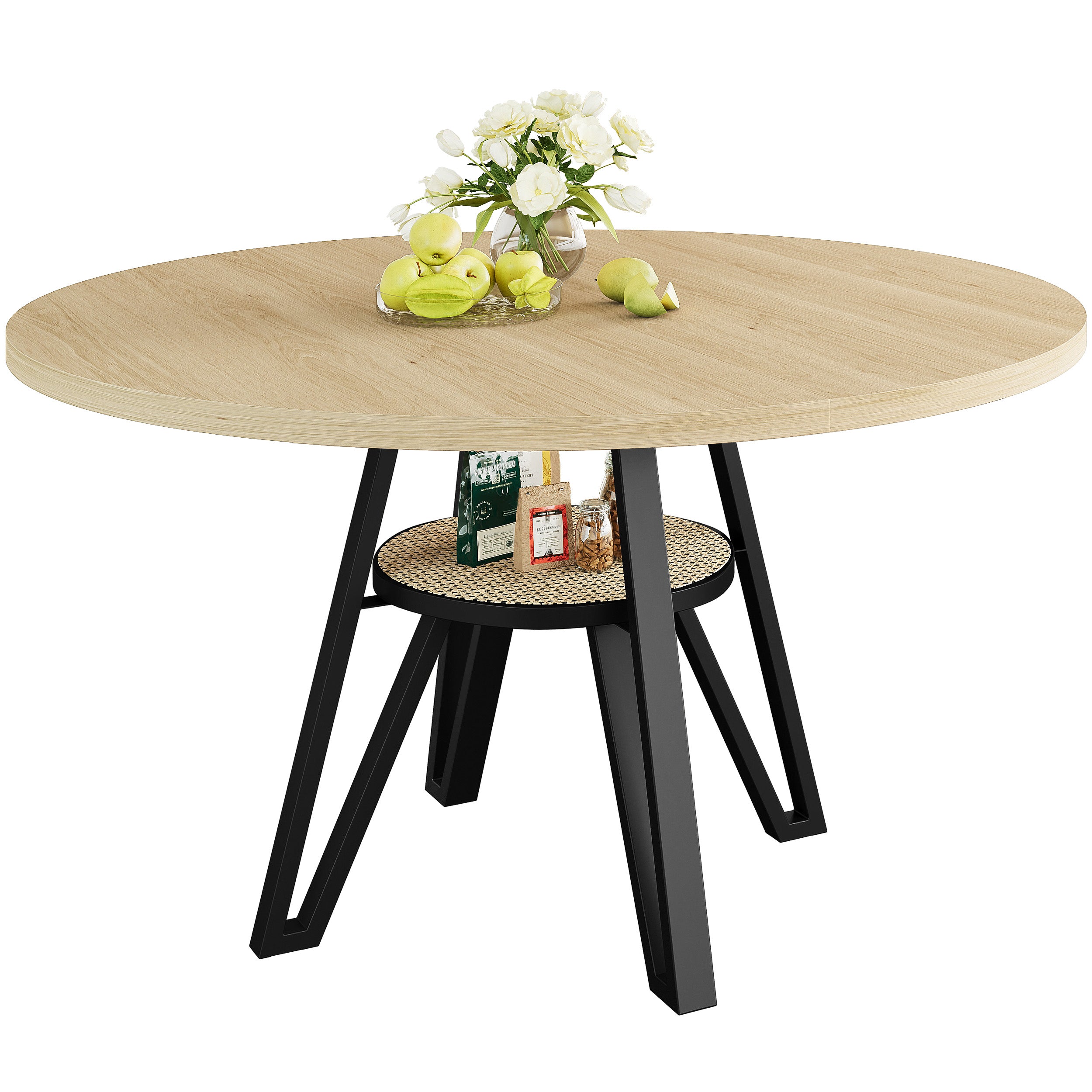 LIKIMIO Wooden Kitchen Table with Rattan Storage Shelf, 47.2”, Nature