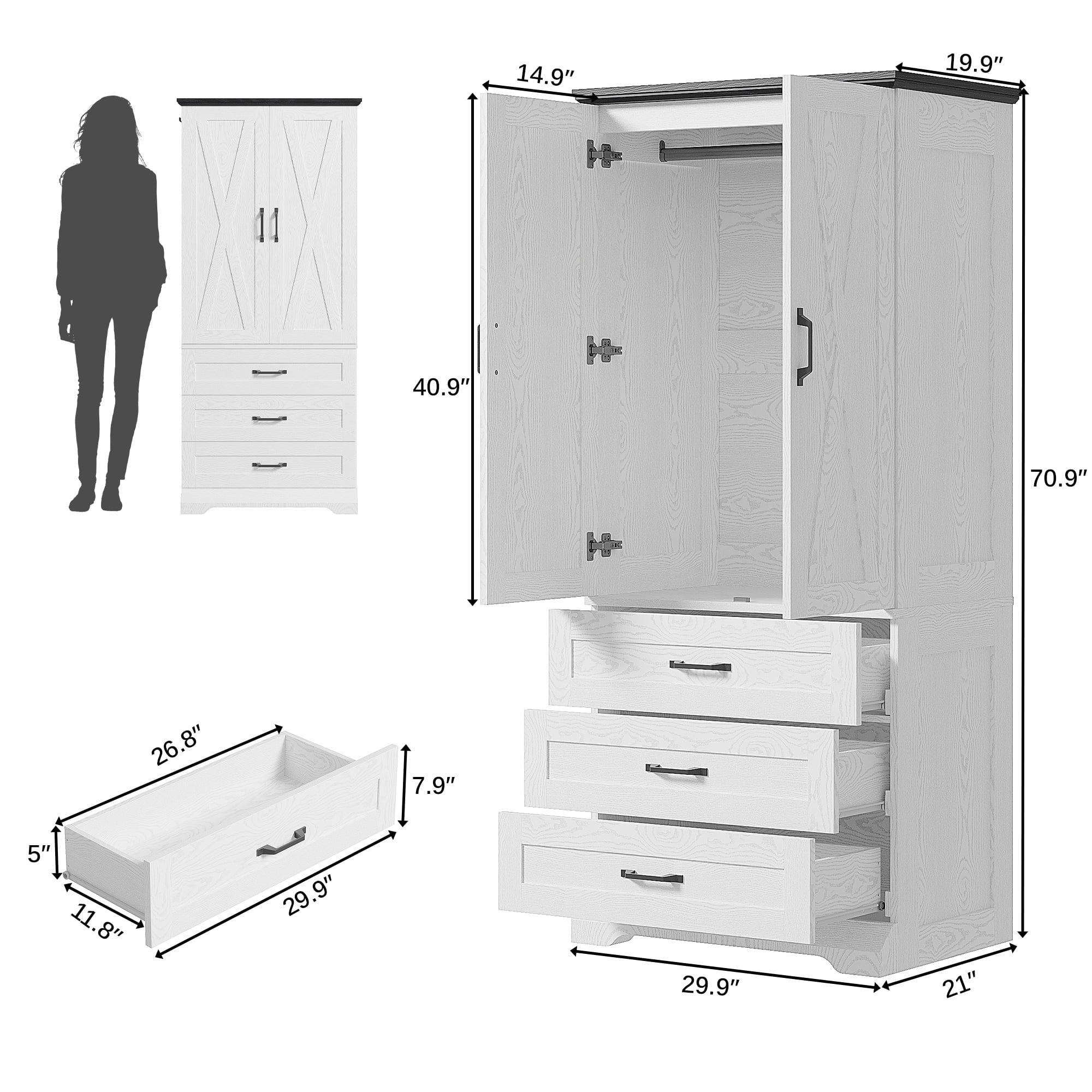 LIKIMIO Wooden Sensor Light Wardrobe Closet（70.9”）
