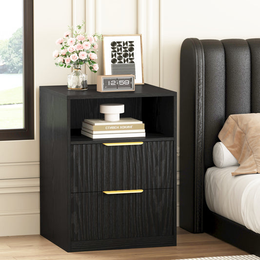Modern Nightstand with 2 Drawers and Open Shelf