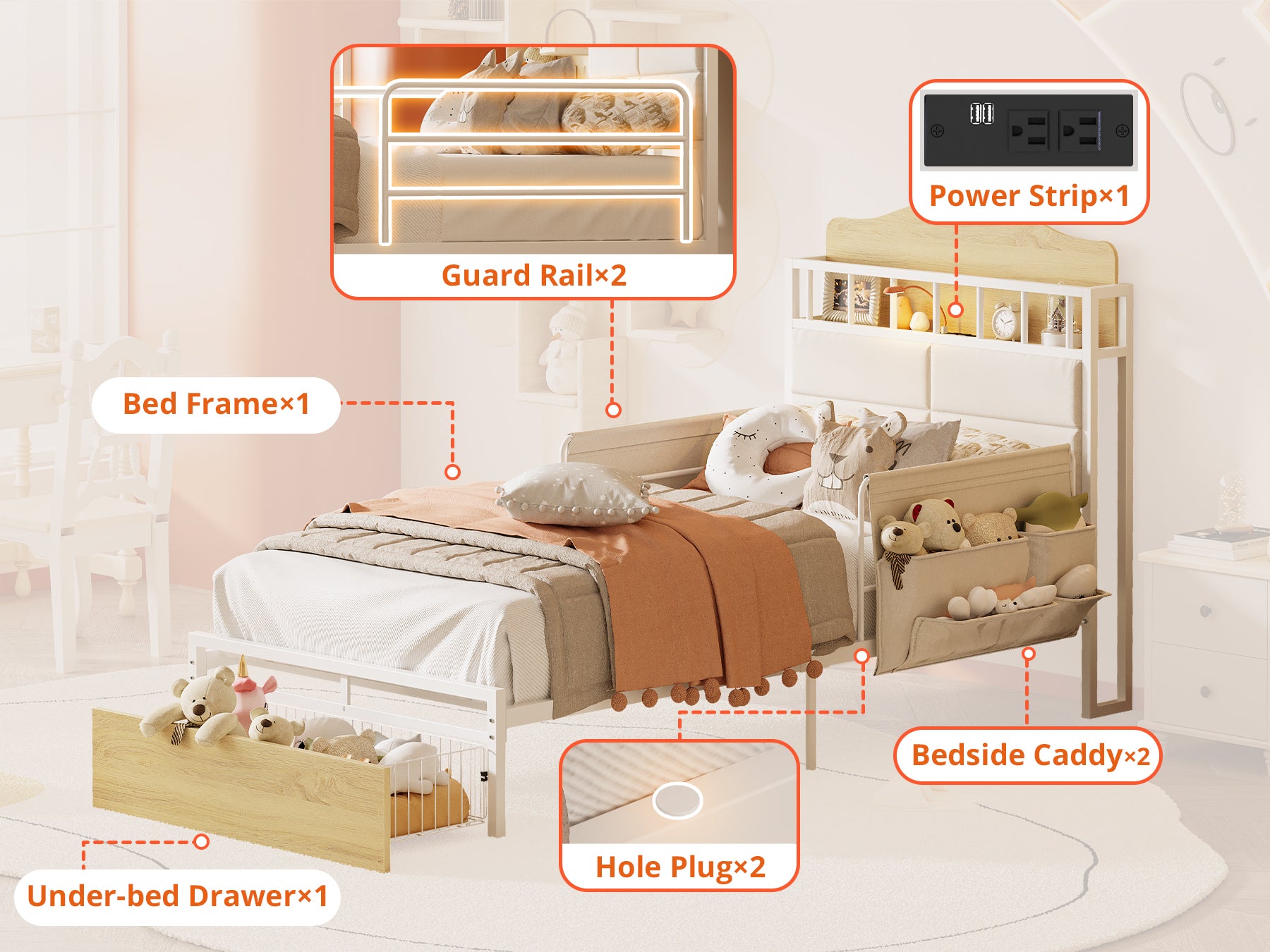LIKIMIO Guardrail & Bedside Caddy Bed Frame