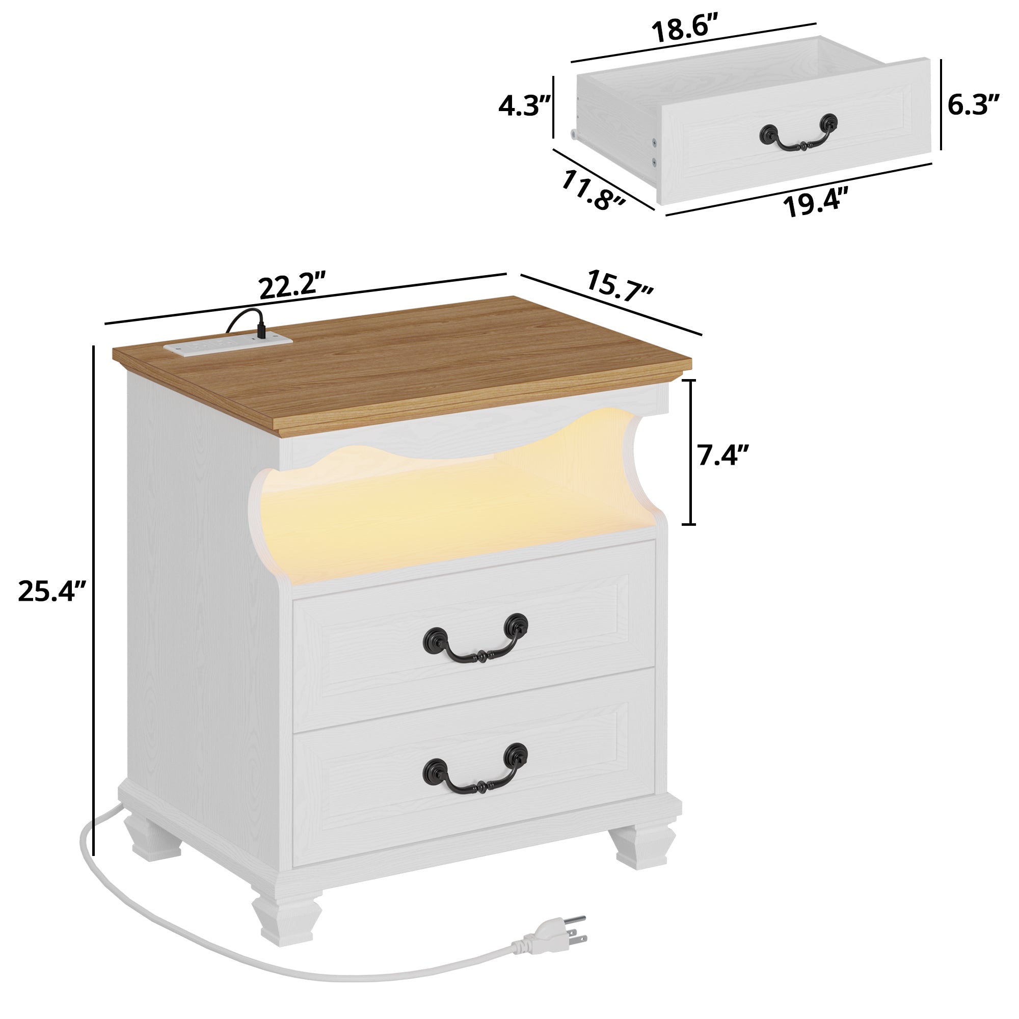 LIKIMIO Farmhouse 2 Drawers Nightstand with Charging Station