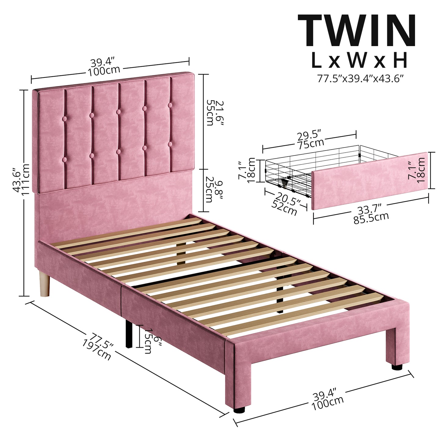 LIKIMIO Twin Bed Frame with Under-Bed Drawer