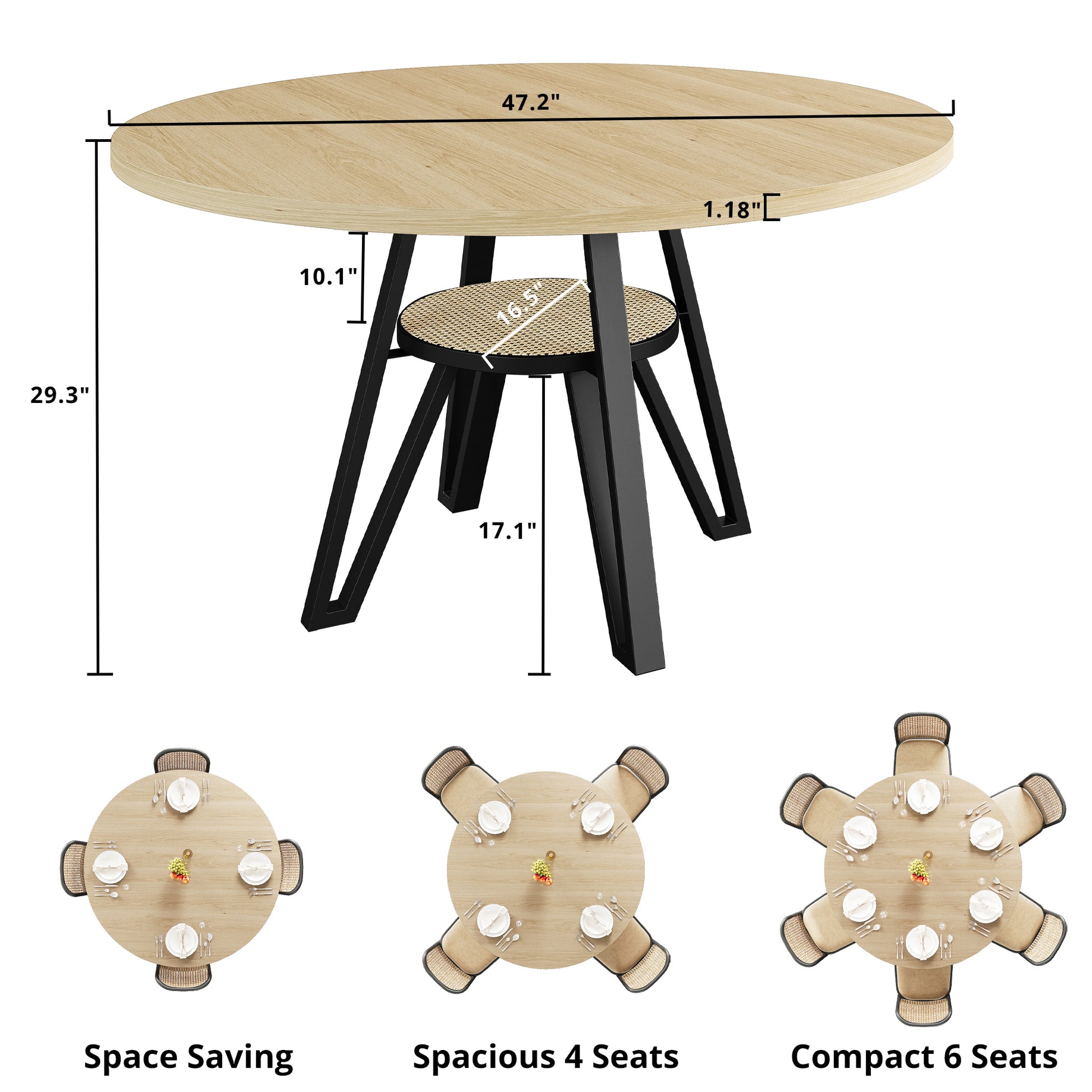 LIKIMIO Wooden Kitchen Table with Rattan Storage Shelf, 47.2”, Nature
