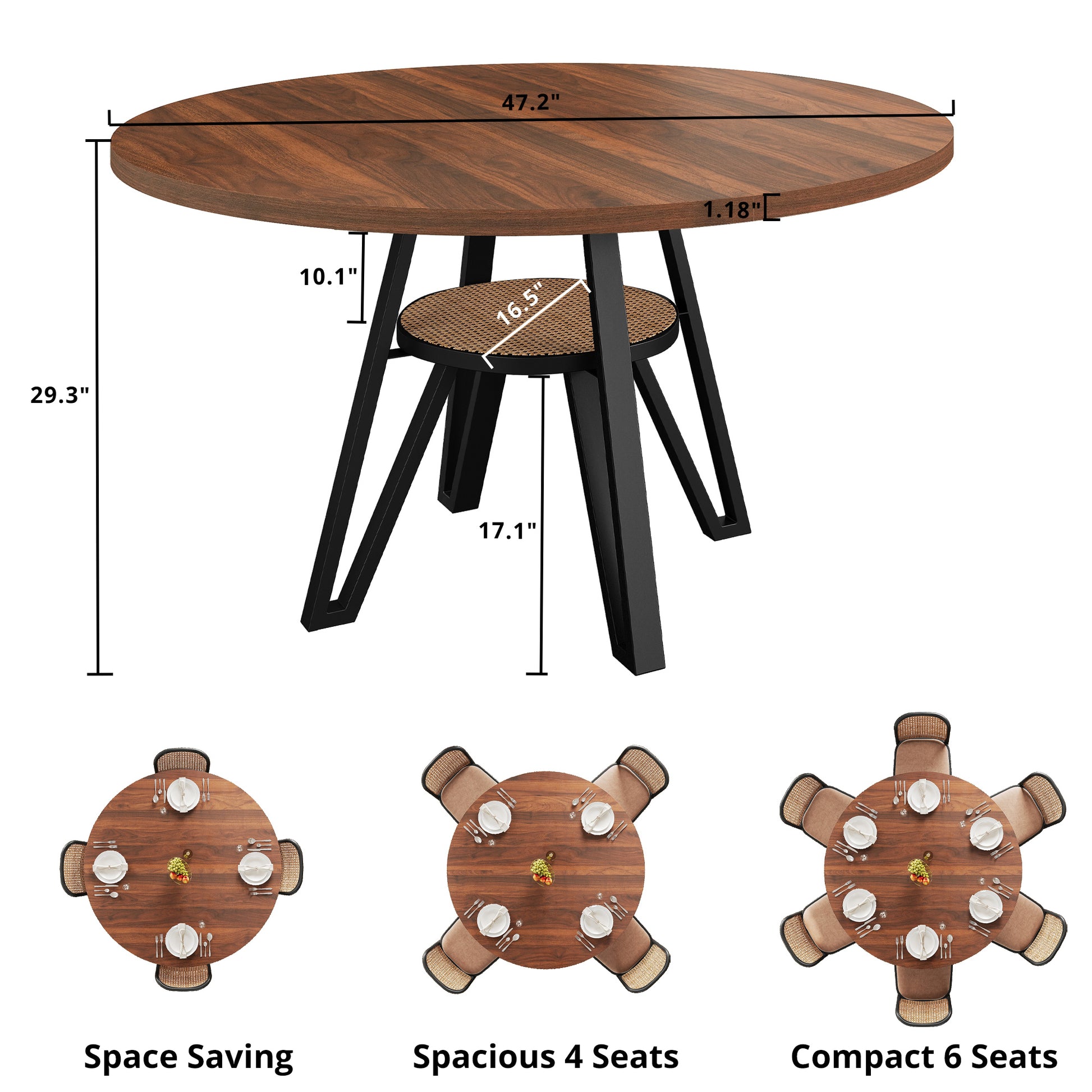 LIKIMIO Wooden Kitchen Table with Rattan Storage Shelf, 47.2”, Walnut