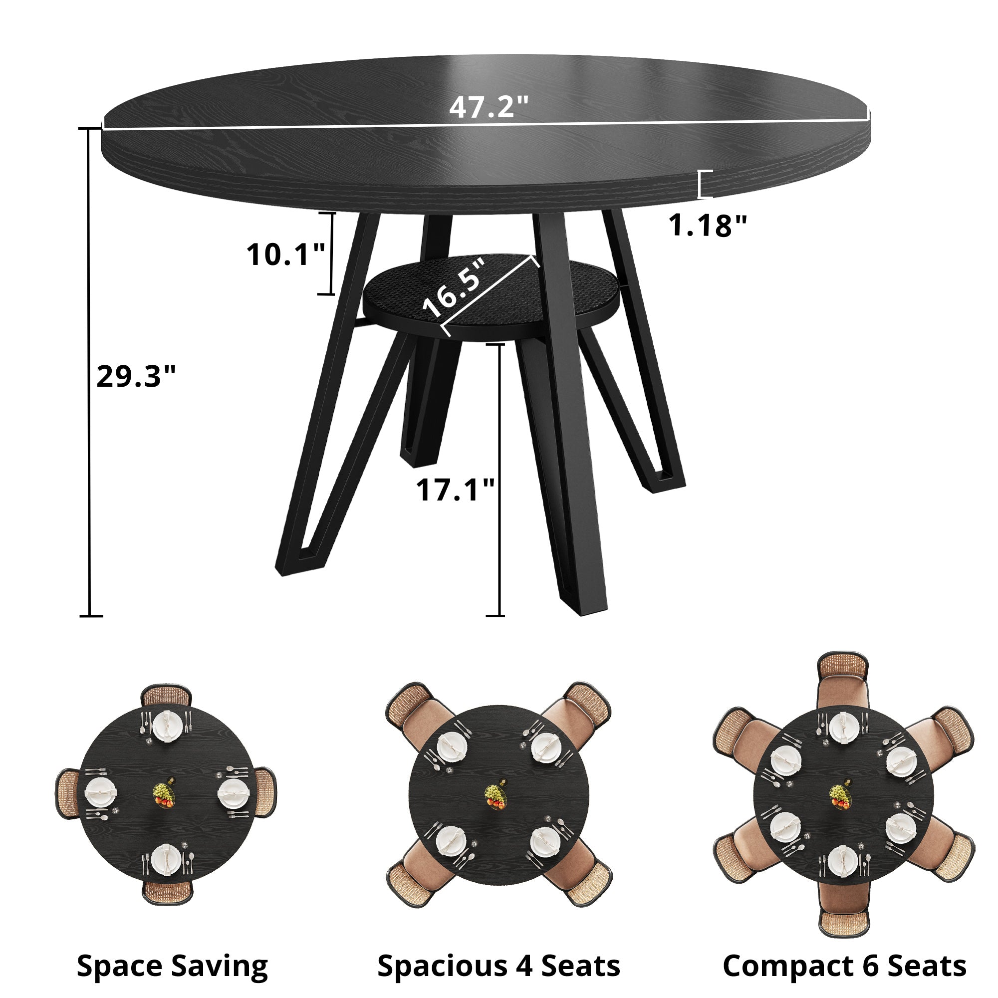 LIKIMIO Wooden Kitchen Table with Rattan Storage Shelf, 47.2”, black