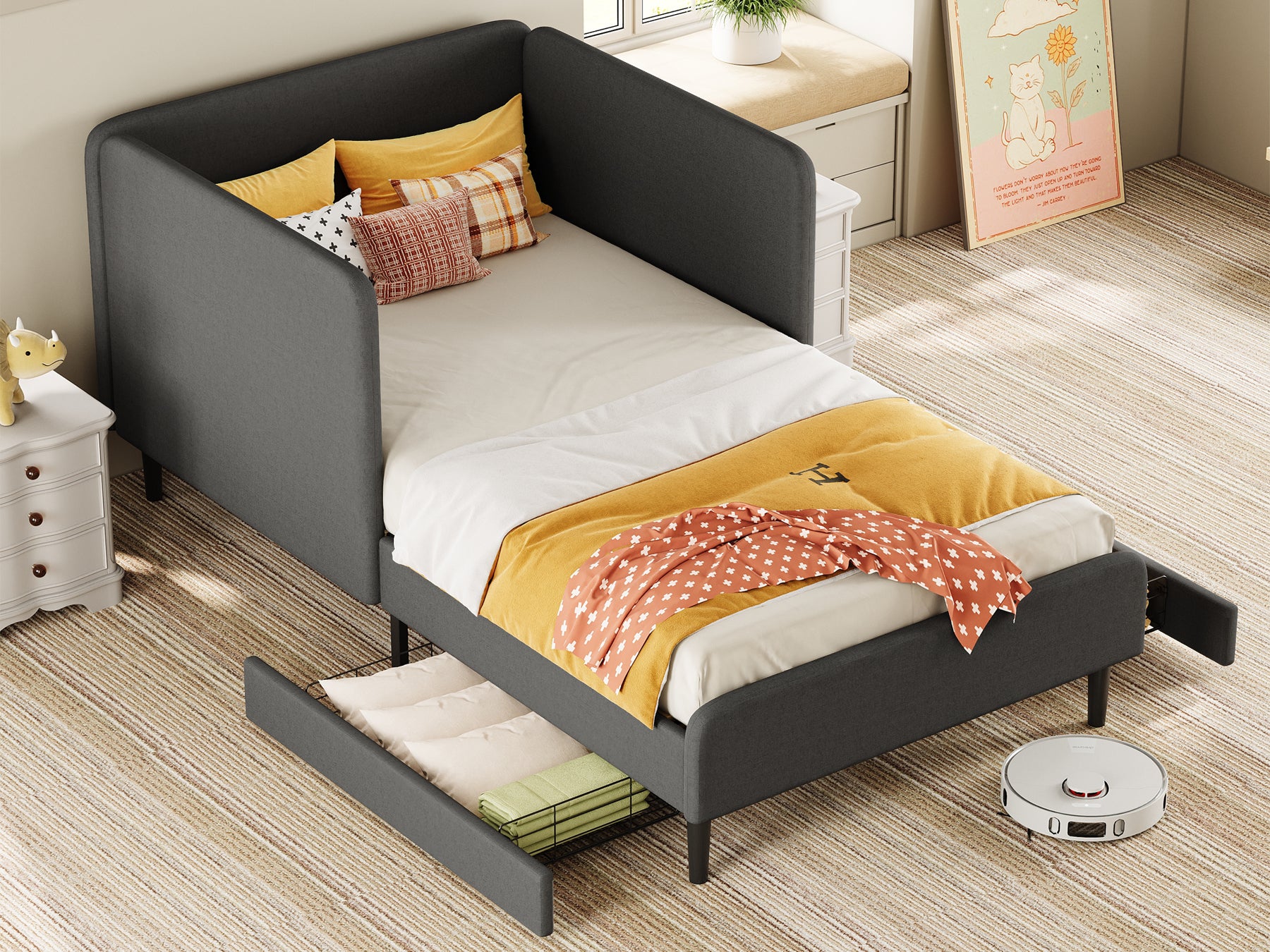LIKIMIO Twin Daybed with Headboard, Corner Bed Frame with Bed Rails and Storage Drawers, Solid Support, for Bedroom Guest Room, Cream