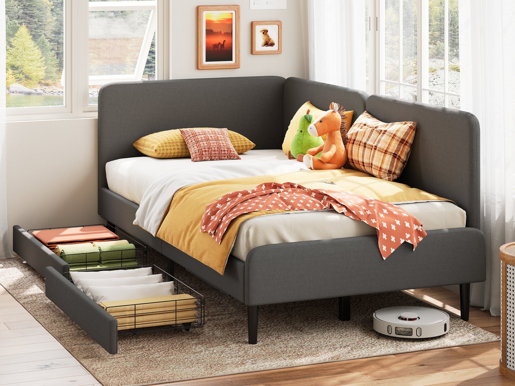 LIKIMIO Twin Daybed with Headboard, Corner Bed Frame with Bed Rails and Storage Drawers, Solid Support, for Bedroom Guest Room, Cream