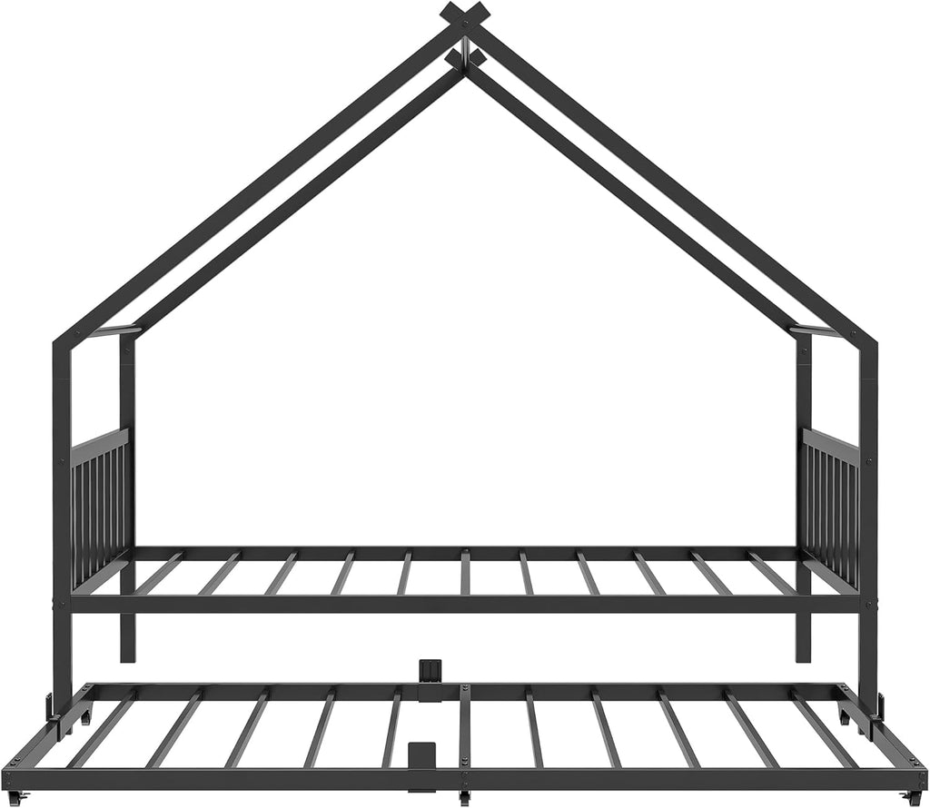 LIKIMIO Twin Daybed with Trundle, DIY House Bed Frame with Raised Headboard & Footboard, Convertible Sofa Bed with Lockable Casters, NO Box Spring Needed, Ideal for Bedroom, Guest Room, Black