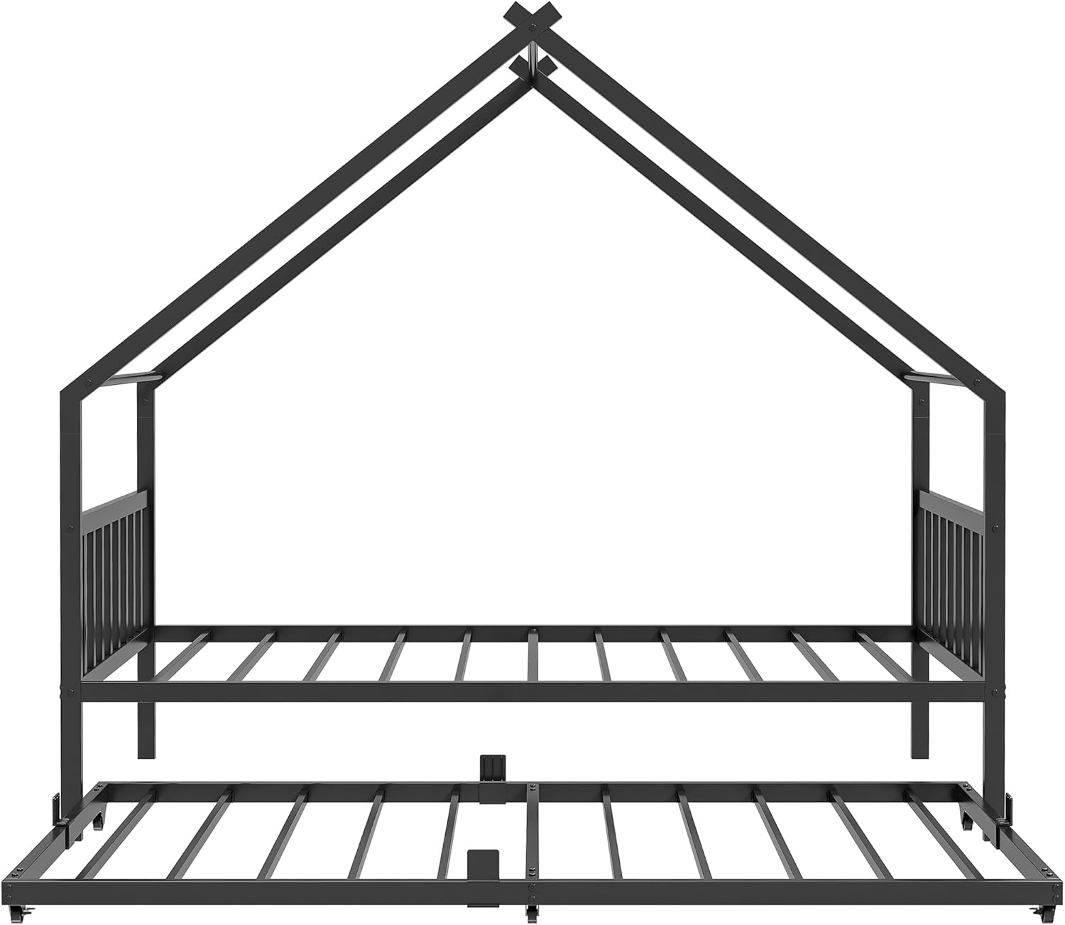 LIKIMIO Twin Daybed with Trundle, DIY House Bed Frame with Raised Headboard & Footboard, Convertible Sofa Bed with Lockable Casters, NO Box Spring Needed, Ideal for Bedroom, Guest Room, Black