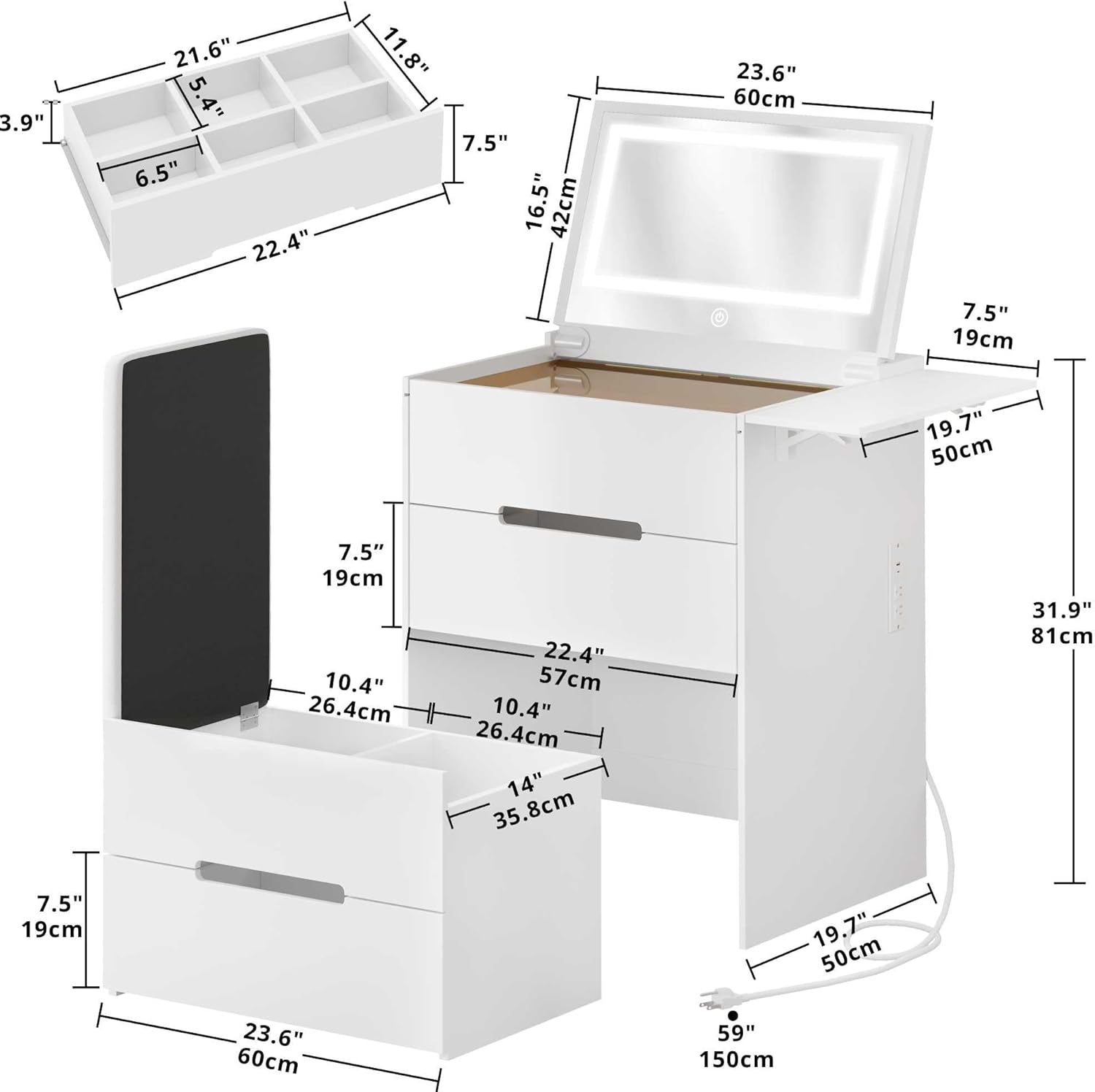 LIKIMIO 3-in-1 Make Up Vanity & End Table （31.9"）
