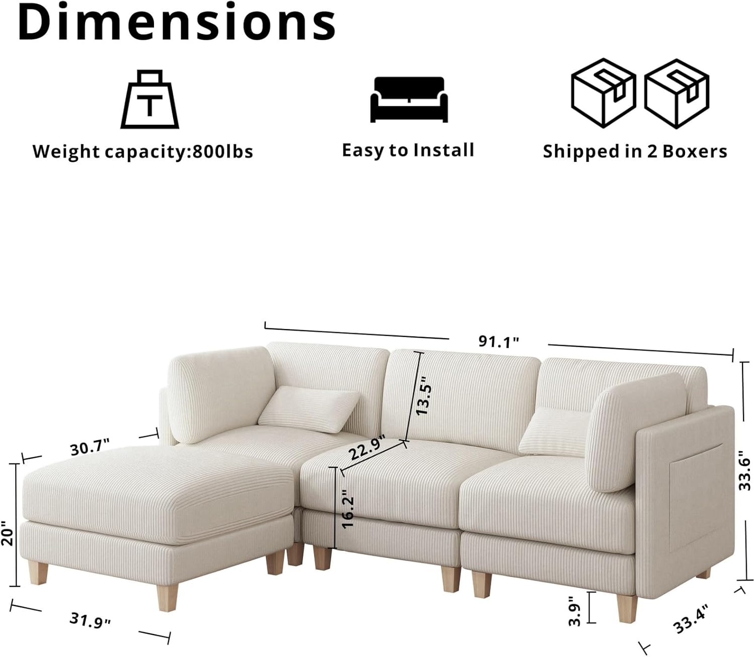 LIKIMIO 91.1" L-Shaped Sectional Sofa