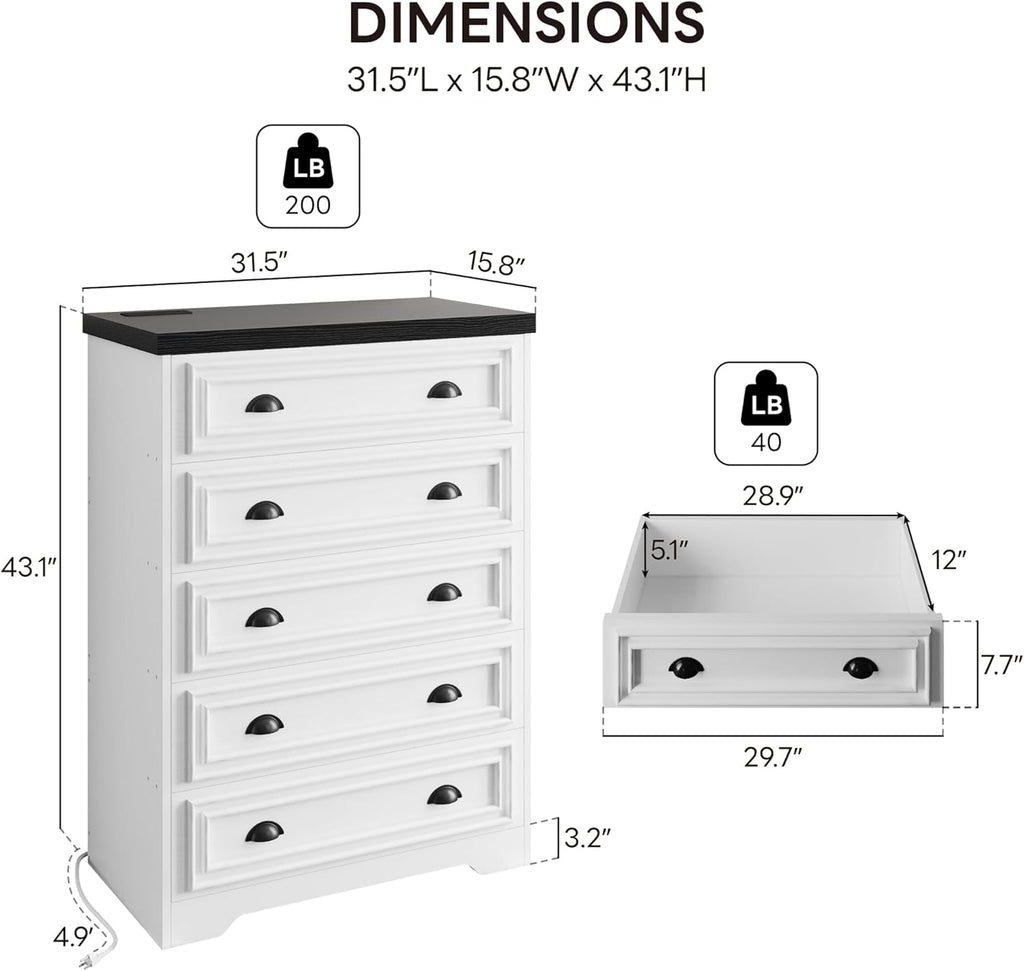 LIKIMIO 5-Drawer 43" Tall Dresser with Built-in Charging Station