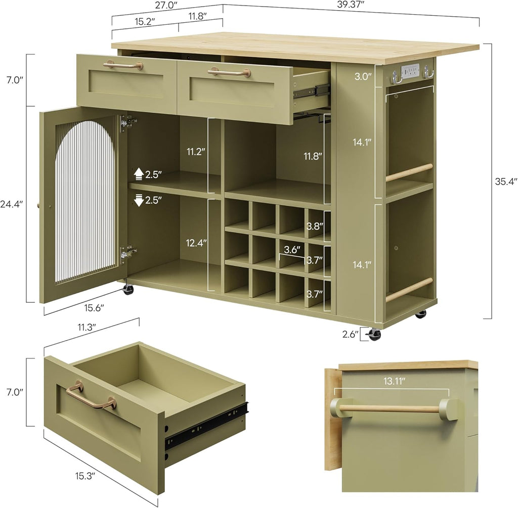 LIKIMIO Kitchen Island on Wheels with Power Outlet & Drop Leaf, Green
