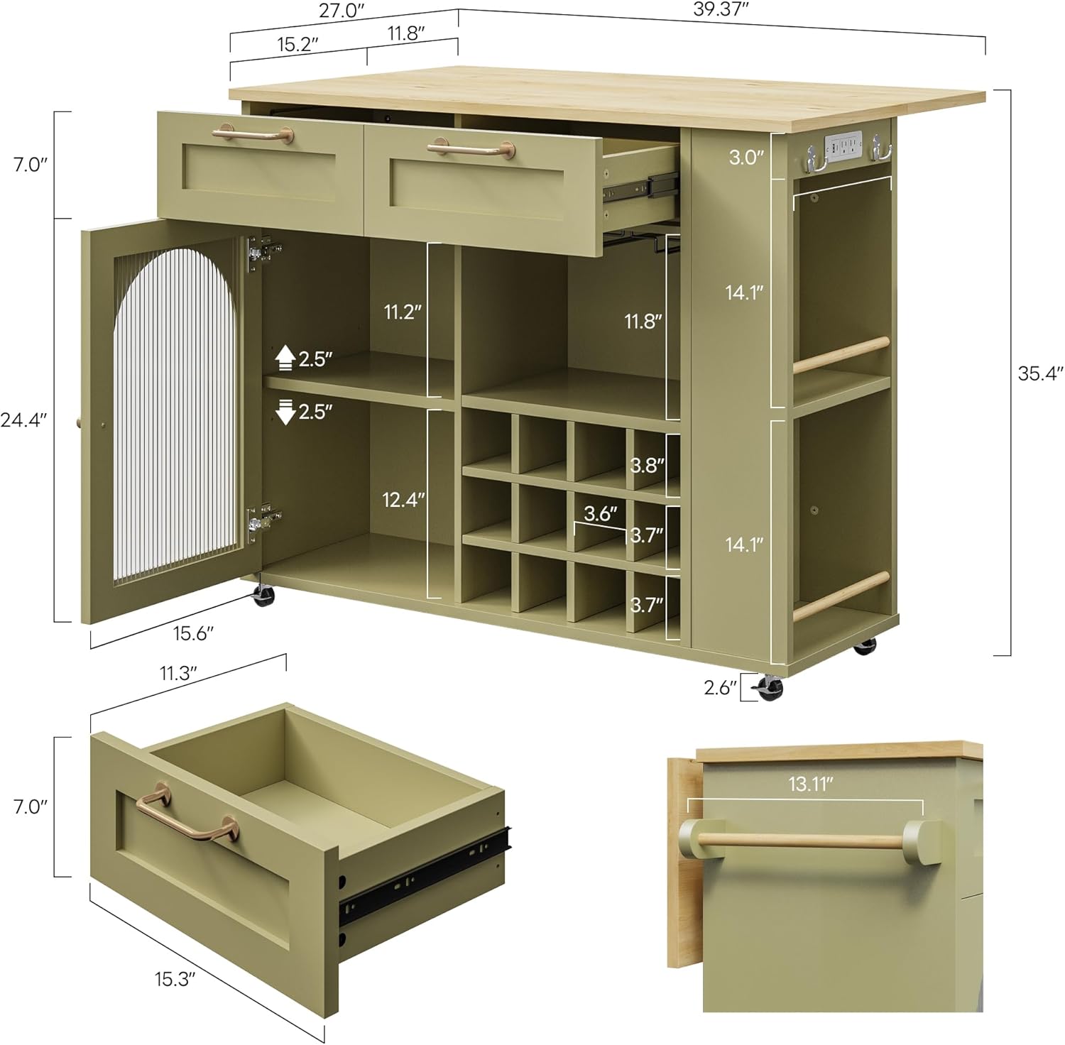 LIKIMIO Kitchen Island on Wheels with Power Outlet & Drop Leaf, Green