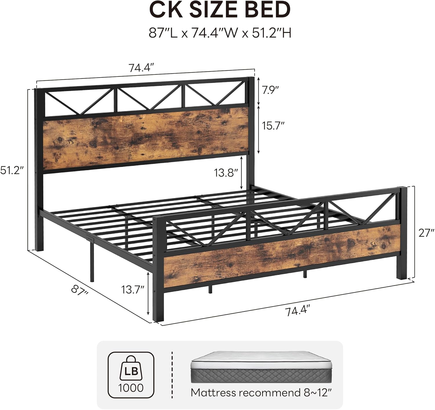 LIKIMIO High Industrial Style Headboard Bed Frame