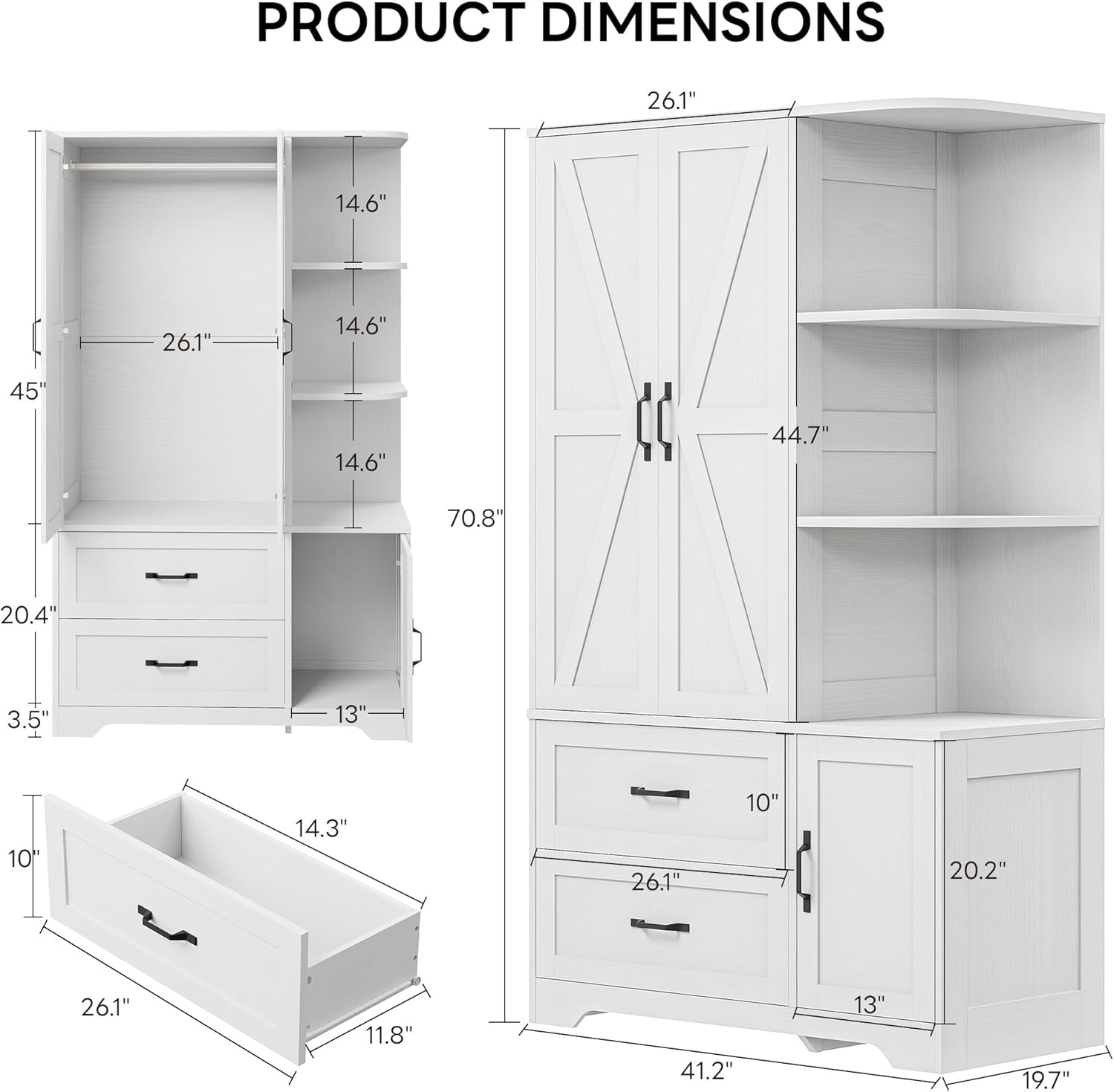 LIKIMIO Armoire Wooden 3 Door 2 Drawer Wardrobe（70"）