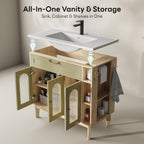 LIKIMIO 36 Inch Bathroom Vanity with Sink, Arched Glass Door Storage with Adjustable Shelf, 36" Single Sink Vanity