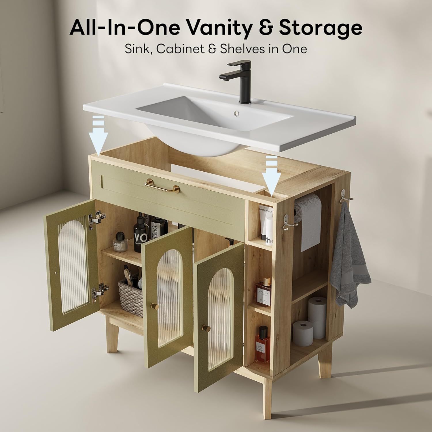 LIKIMIO 36 Inch Bathroom Vanity with Sink, Arched Glass Door Storage with Adjustable Shelf, 36" Single Sink Vanity