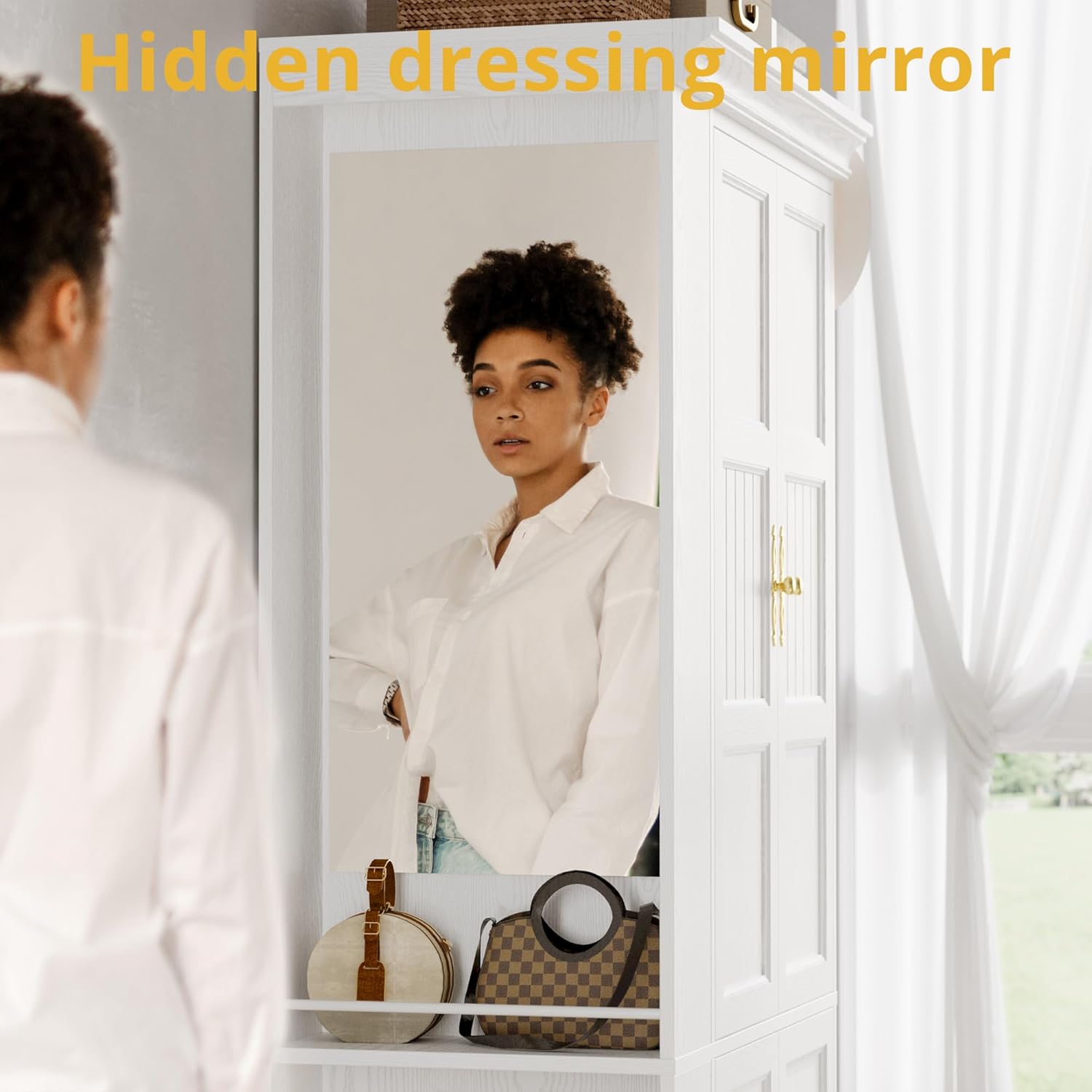 LIKIMIO Wooden Wardrobe with Mirror & 2 Open Shelves （70”）