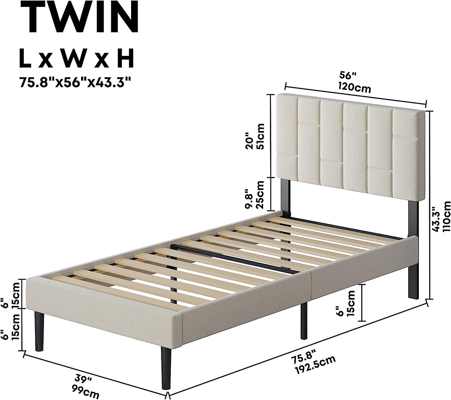 LIKIMIO Twin Size Upholstered Platform Bed Frame Beige