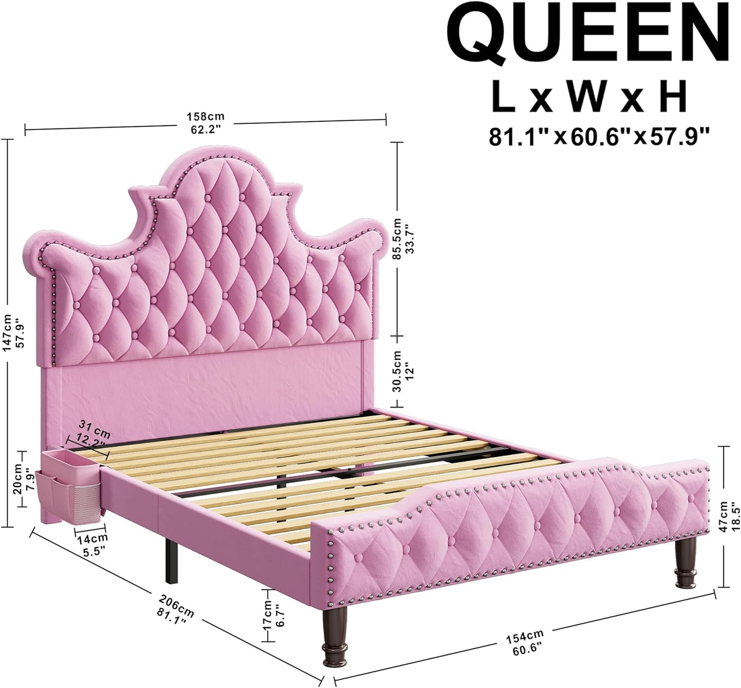 Camas Queen Bed Frame-Pink