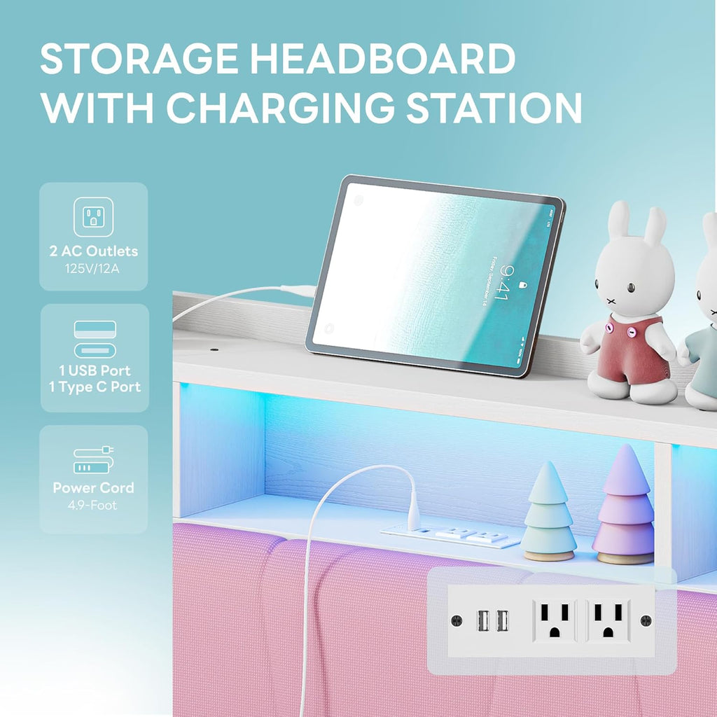 LIKIMIO Twin Bed Frame with Charging Station & LED Lights, Pink