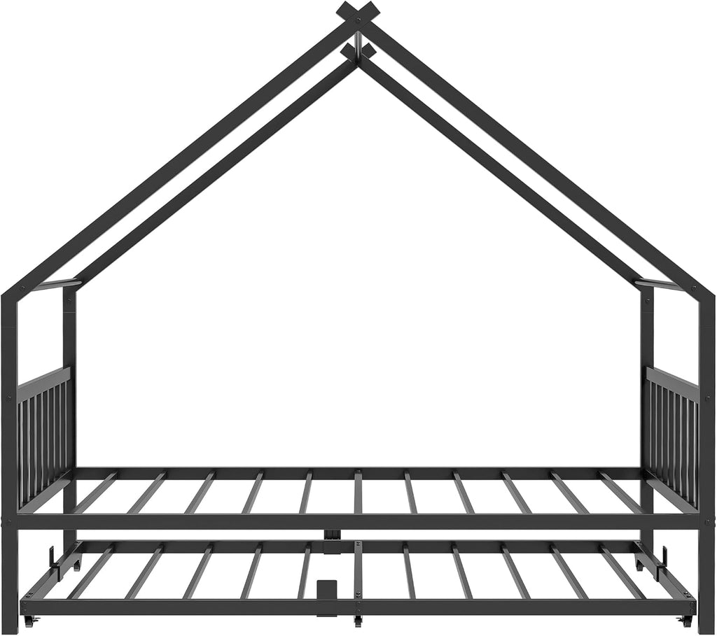 LIKIMIO Twin Daybed with Trundle, DIY House Bed Frame with Raised Headboard & Footboard, Convertible Sofa Bed with Lockable Casters, NO Box Spring Needed, Ideal for Bedroom, Guest Room, Black