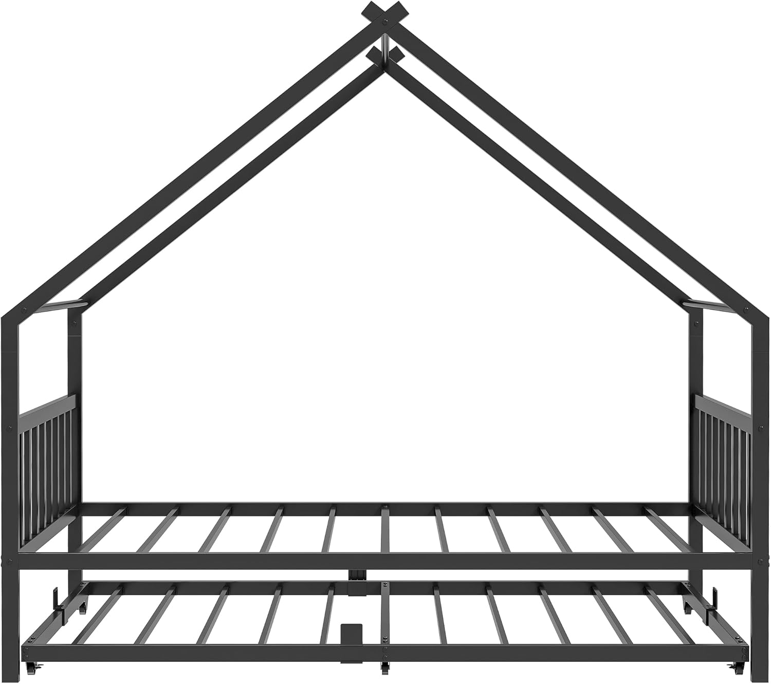 LIKIMIO Twin Daybed with Trundle, DIY House Bed Frame with Raised Headboard & Footboard, Convertible Sofa Bed with Lockable Casters, NO Box Spring Needed, Ideal for Bedroom, Guest Room, Black