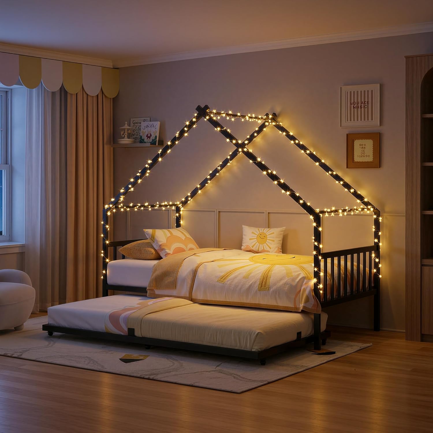 LIKIMIO Twin Daybed with Trundle, DIY House Bed Frame with Raised Headboard & Footboard, Convertible Sofa Bed with Lockable Casters, NO Box Spring Needed, Ideal for Bedroom, Guest Room, Black