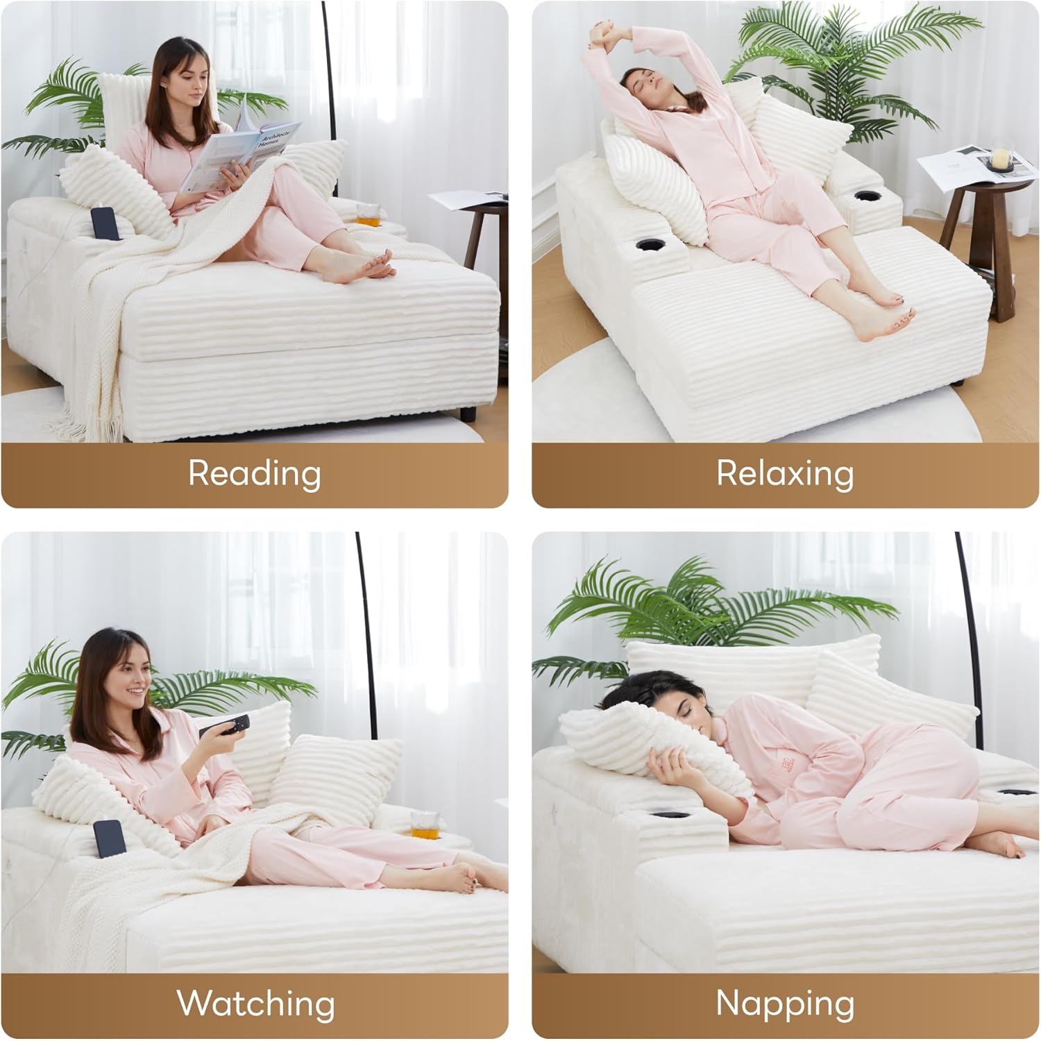 LIKIMIO 54'' Firm Solid Wood Frame Chaise  with USB & Cup Holder, White