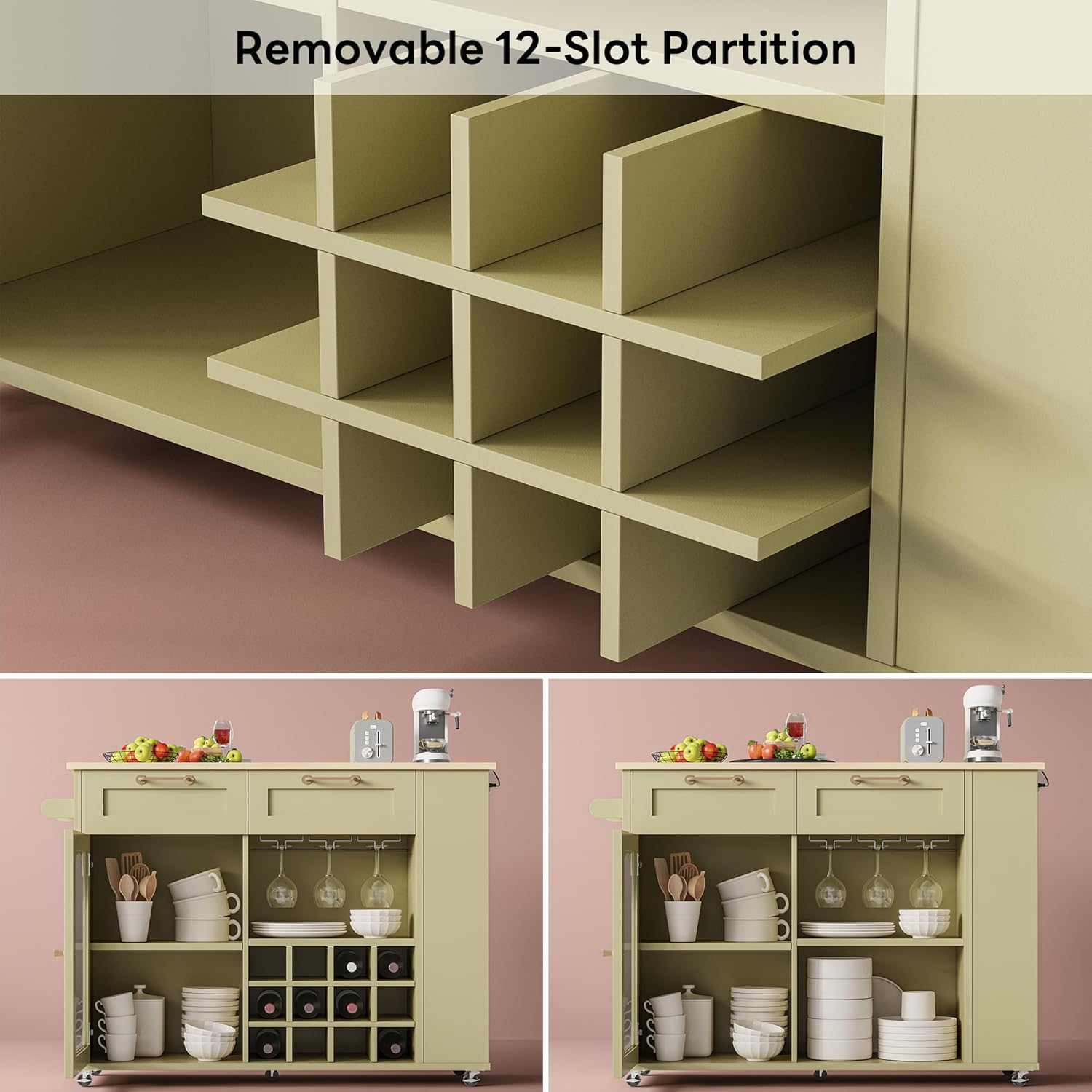 LIKIMIO Kitchen Island on Wheels with Power Outlet & Drop Leaf, Green