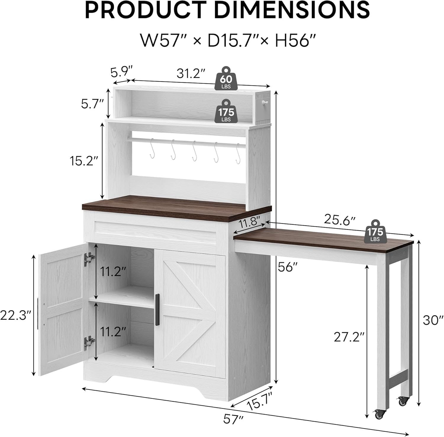 LIKIMIO 57" Farmhouse Coffee Bar Cabinet with Extendable Table & Locking Wheels, Mobile Kitchen Island Storage Cart with Magnetic Board, 5 Hooks, Adjustable Shelf, Space Saving for Apartment, White