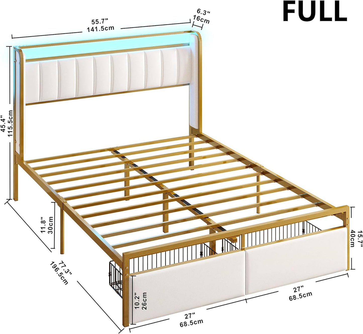 White Modern Upholstered Bed Platform with Drawers