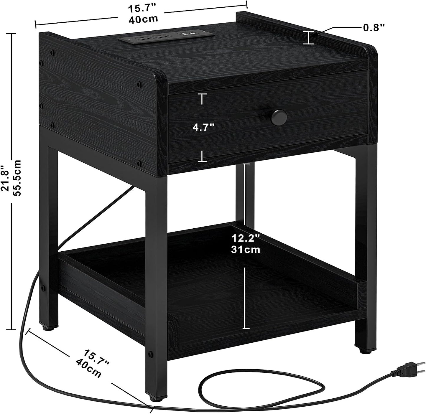 LIKIMIO Nightstand with Charging Station Black