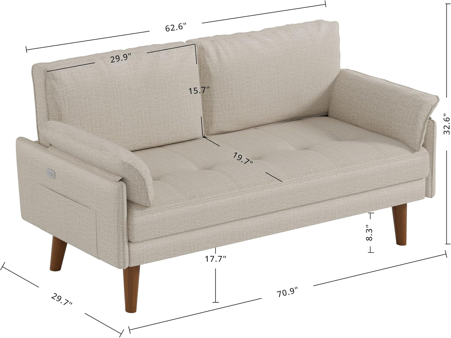 70" Modern Loveseat Sofa with USB Port & Solid Wood Legs - Comfy Fabric, Button Tufted (Gray)