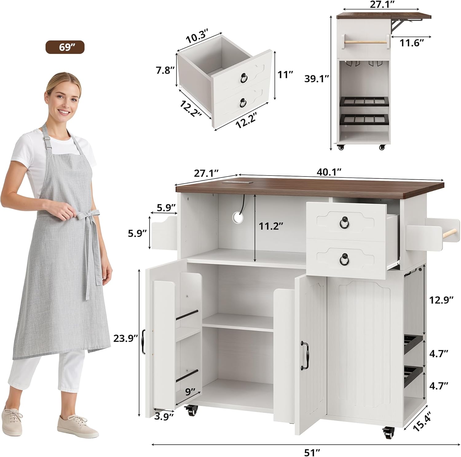 LIKIMIO 51" Mobile Kitchen Island Cart with Drop Leaf & Power Outlet
