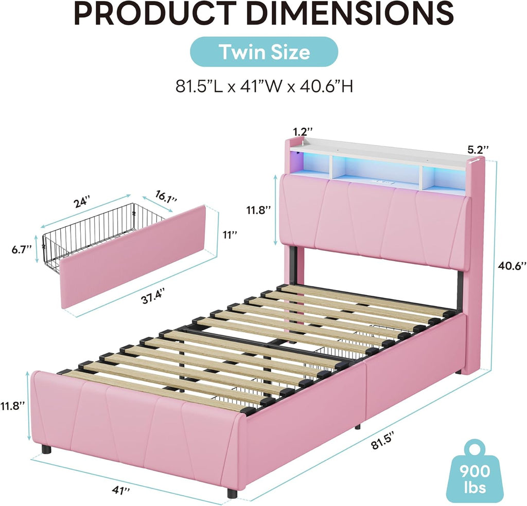LIKIMIO Twin Bed Frame with Charging Station & LED Lights, Pink