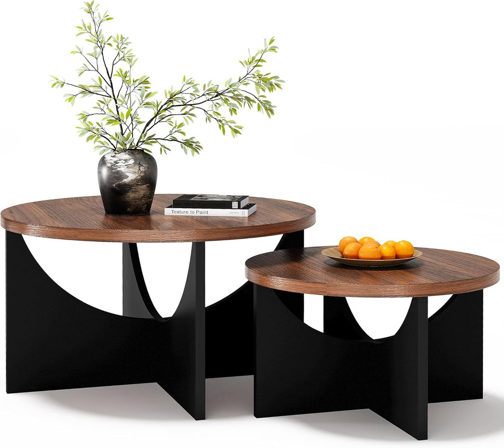 LIKIMIO 31.5" Nesting Round Side Coffee Tables Set of 2,  Walnut