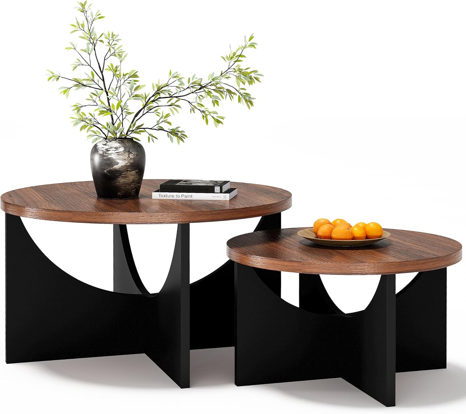 LIKIMIO 31.5" Nesting Round Side Coffee Tables Set of 2,  Walnut