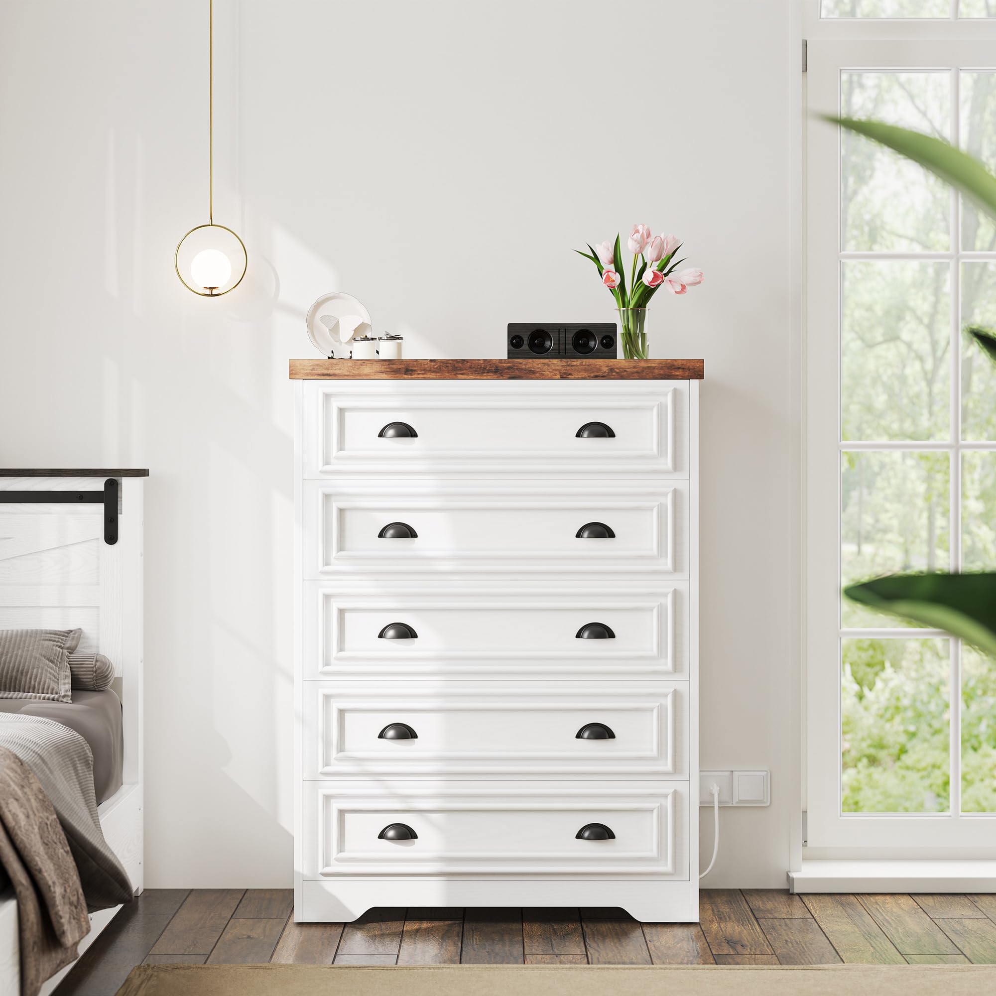 LIKIMIO 5-Drawer 43" Tall Dresser with Built-in Charging Station