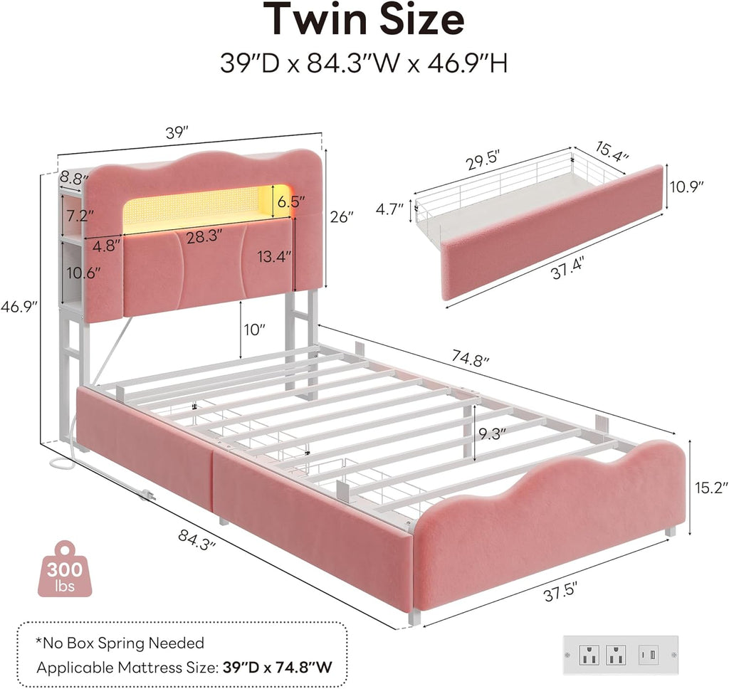 LIKIMIO Velvet Bed Frame (Bookshelf Headboard & Storage & LED)