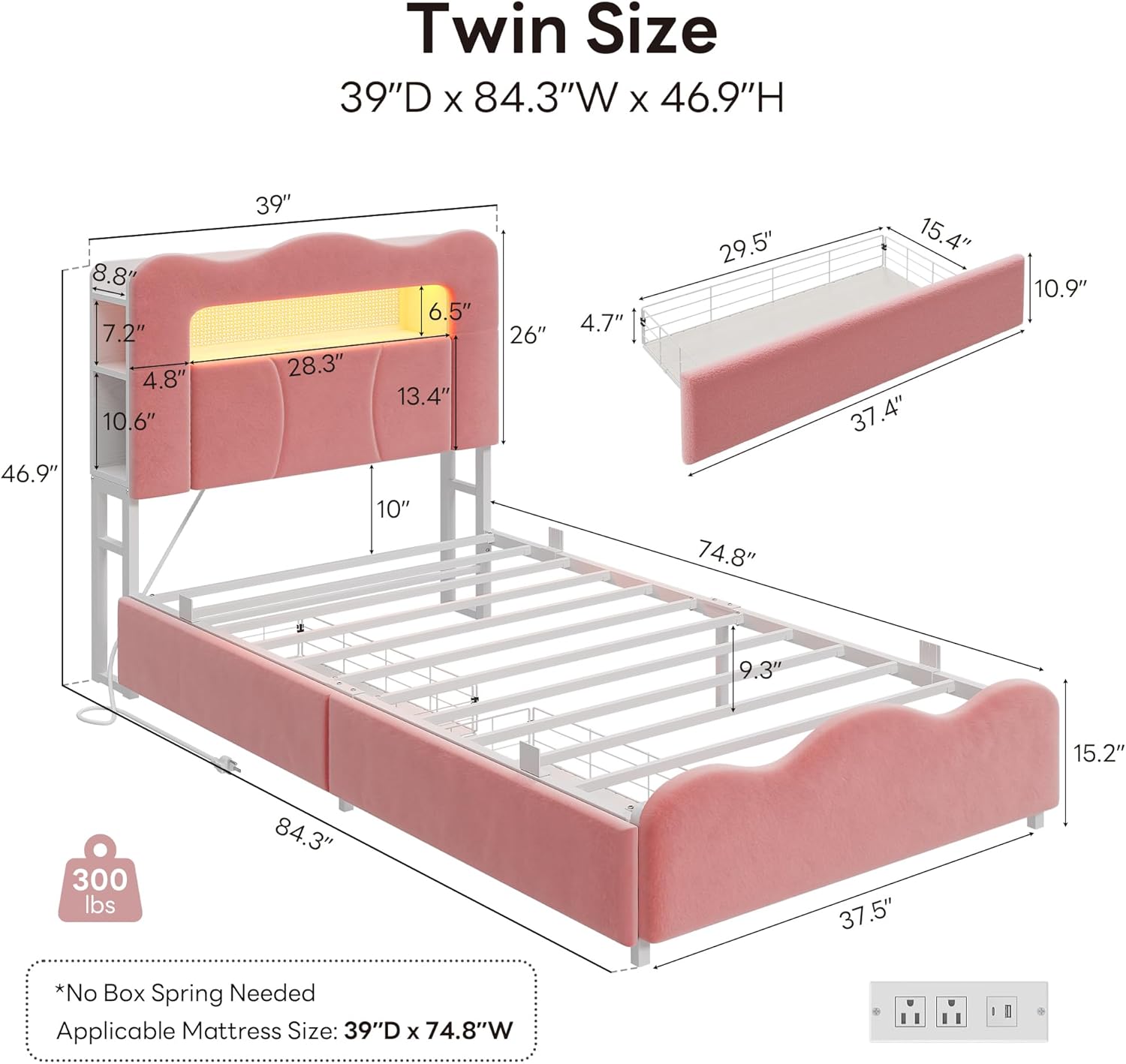 LIKIMIO Velvet Bed Frame (Bookshelf Headboard & Storage & LED)