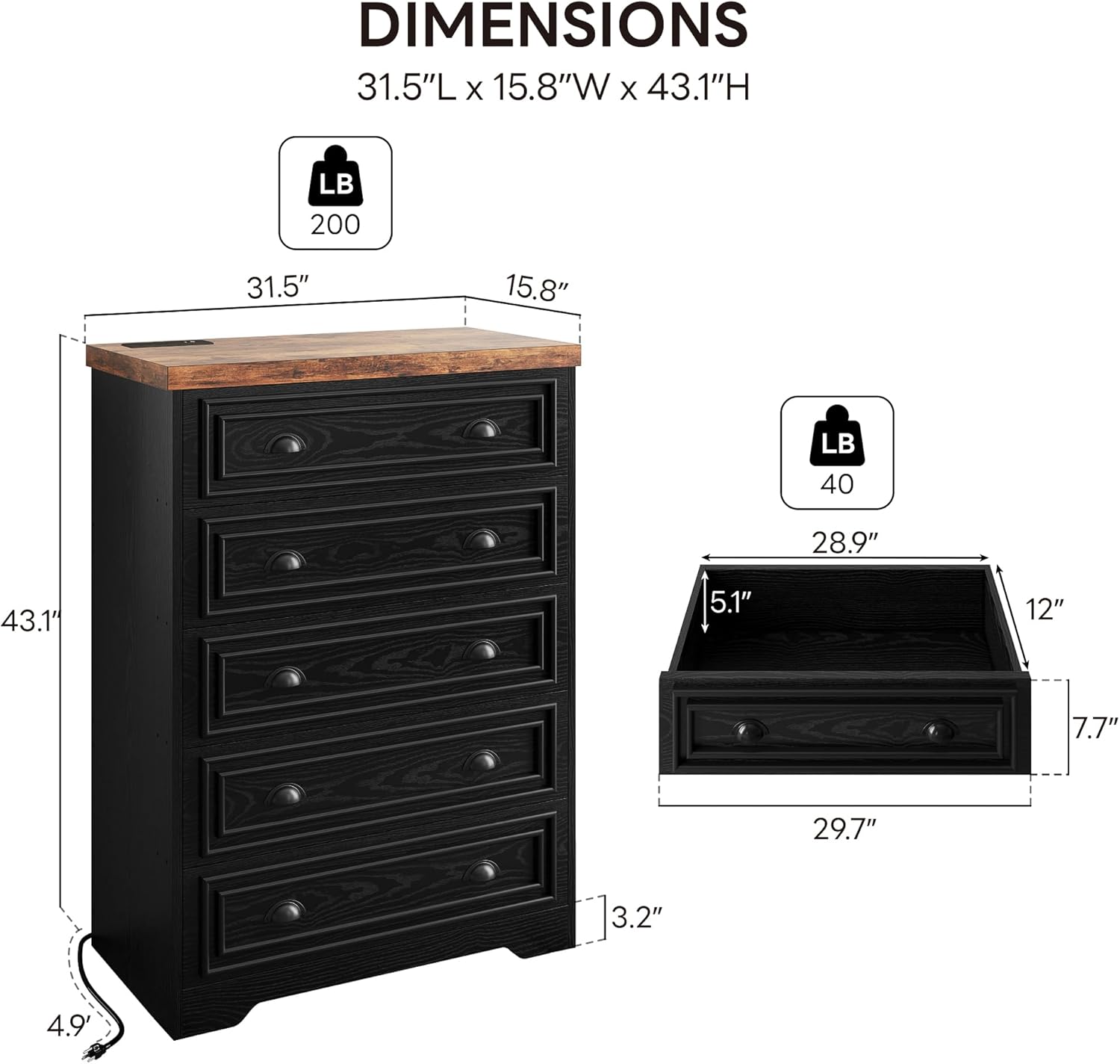 LIKIMIO Wooden 5-Drawer Dresser（43“）