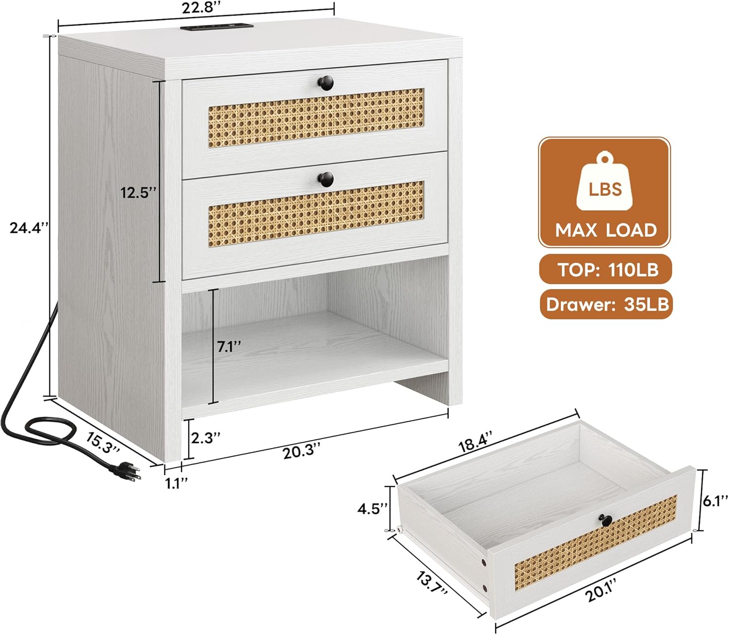 LIKIMIO Rattan Charging Nightstand