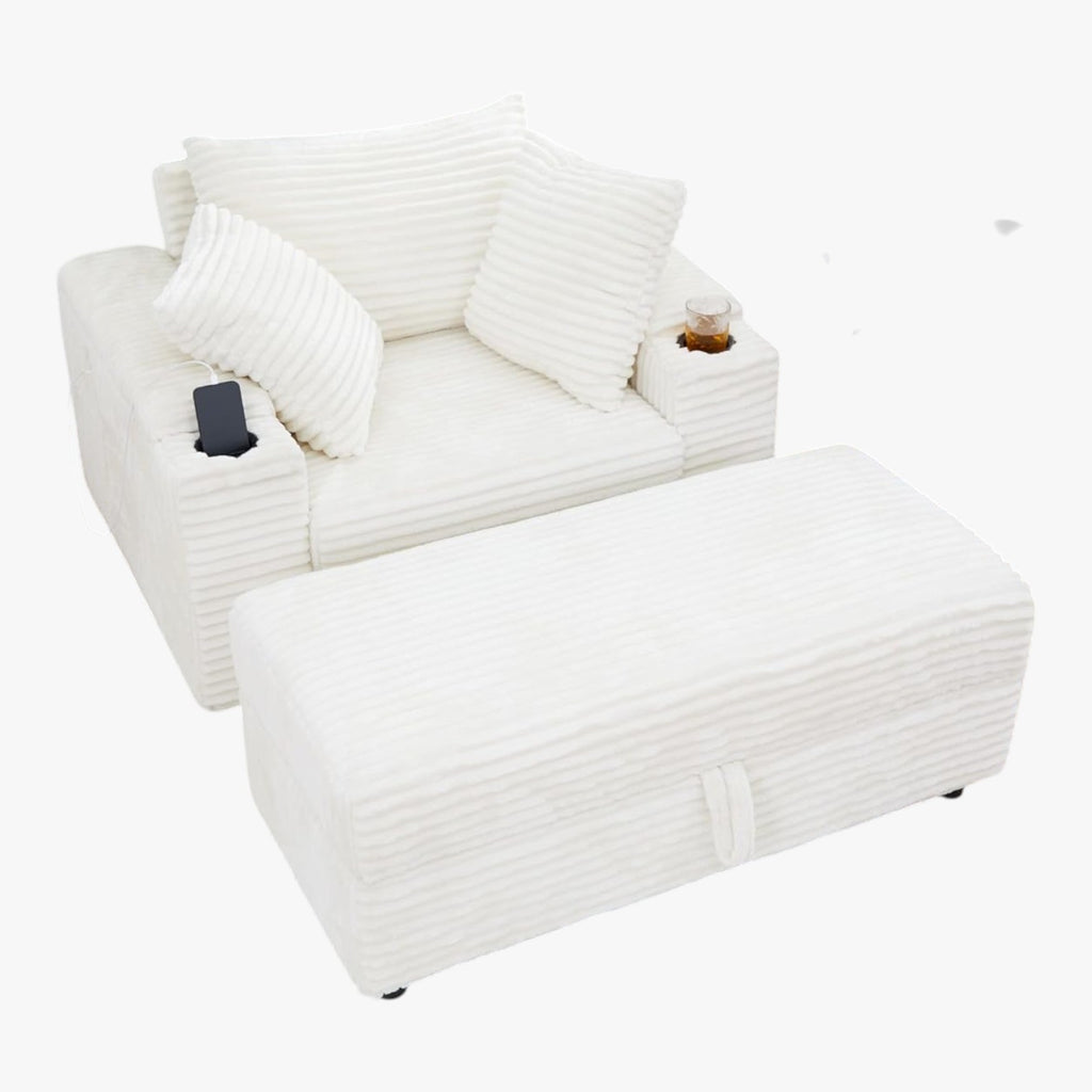 LIKIMIO 54'' Firm Solid Wood Frame Chaise  with USB & Cup Holder, White
